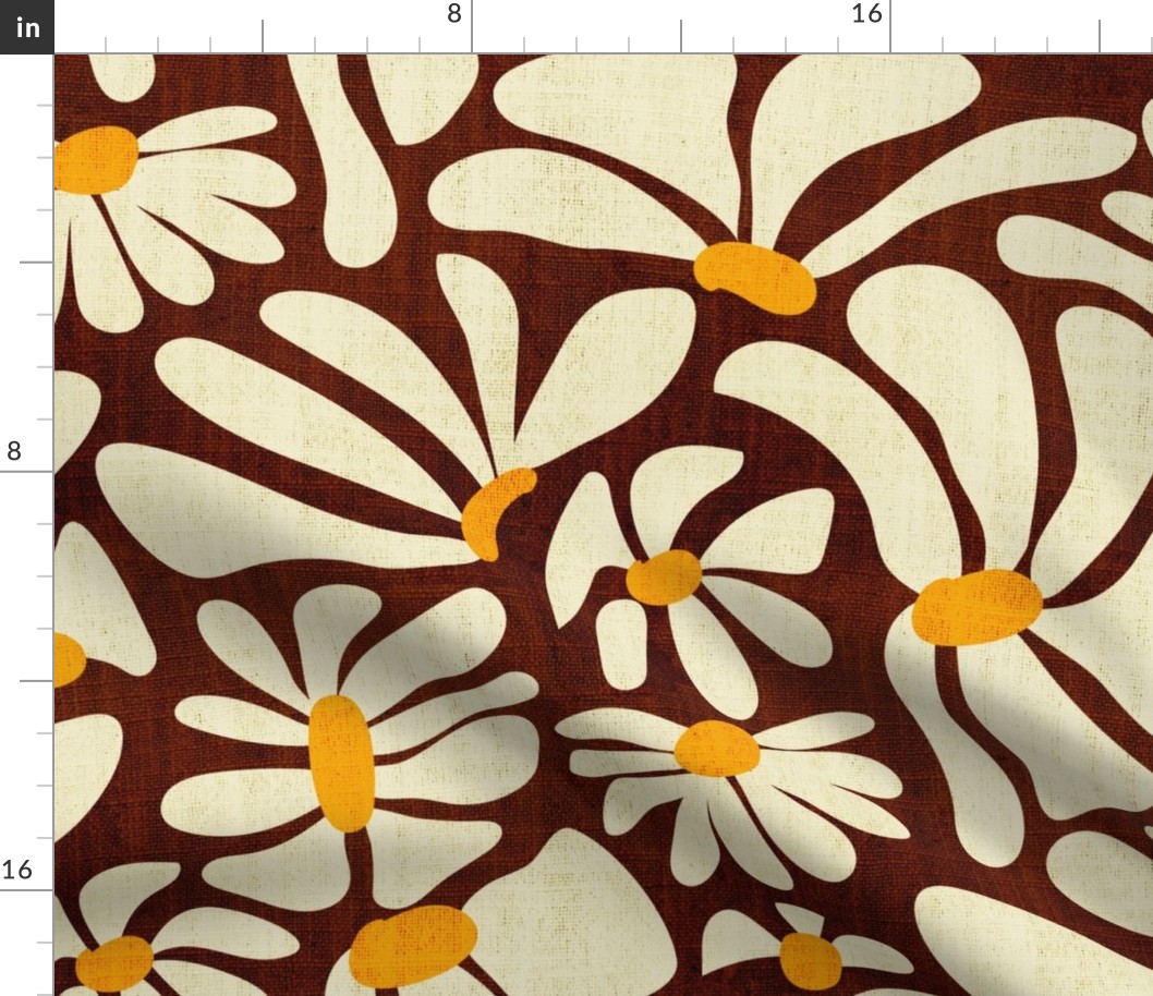 Retro Whimsy Daisy- Flower Power on Brown- Eggshell Floral- Large Scale