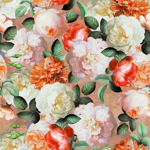 Vintage Summer Romanticism:  Maximalism Moody Florals- Antiqued Orange And Cream Jan Davidsz. de Heem Roses Bouquets With Fern Leaves Nostalgic - Gothic Mystic Night-  Antique Botany Wallpaper and Victorian Goth Mystic inspired
