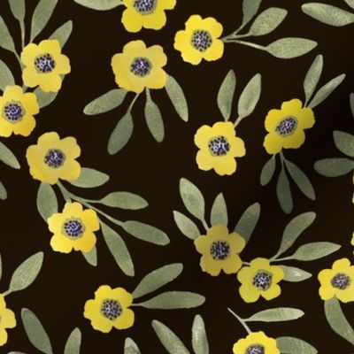 Boho floral - yellow on brownish black - medium 