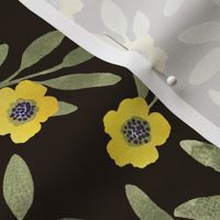 Boho floral - yellow on brownish black - medium 