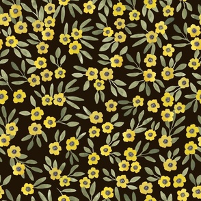 Boho floral - yellow on brownish black - medium 