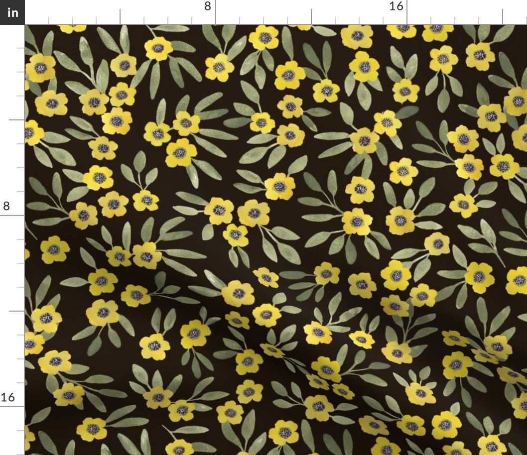 Boho floral - yellow on brownish black - medium 