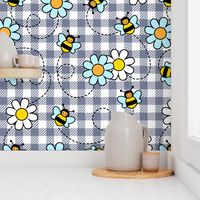 Cute Bee and Daisy Pattern Stone Blue