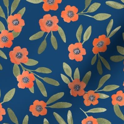 Boho floral - vermilion on blue - medium