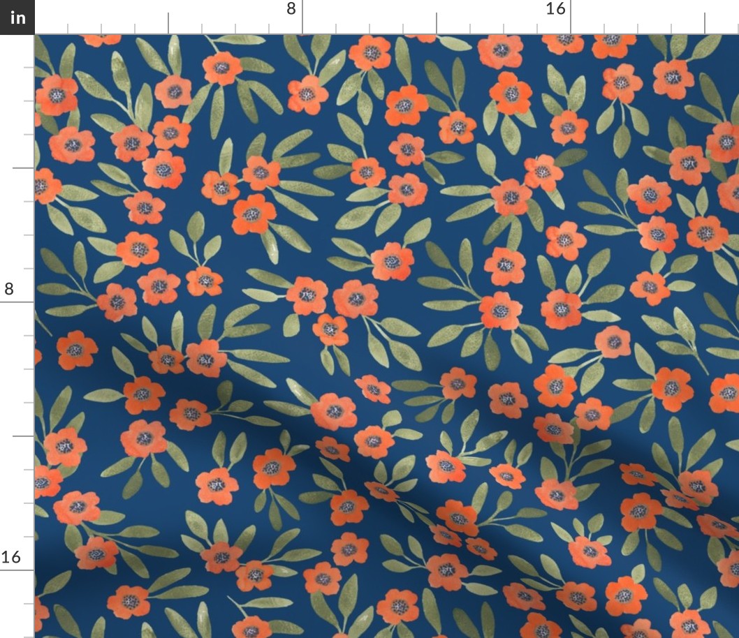 Boho floral - vermilion on blue - medium