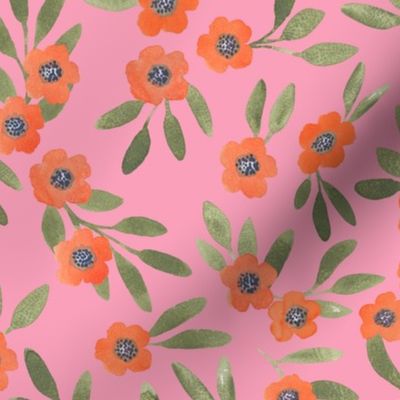 Boho floral - vermilion on pink -  medium 