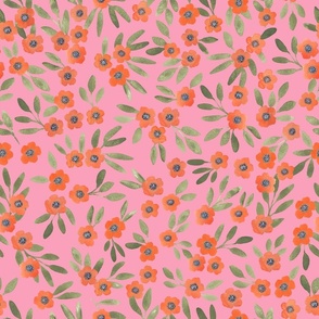 Boho floral - vermilion on pink -  medium 