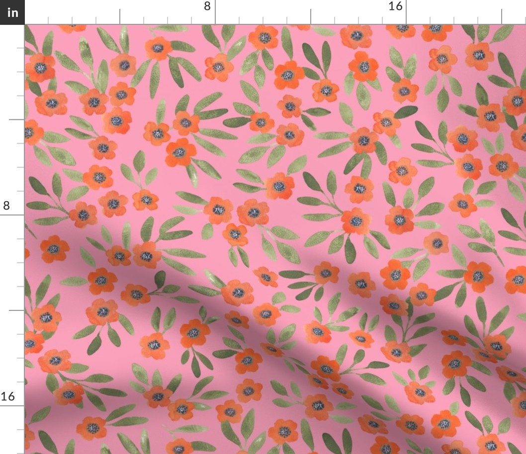 Boho floral - vermilion on pink -  medium 