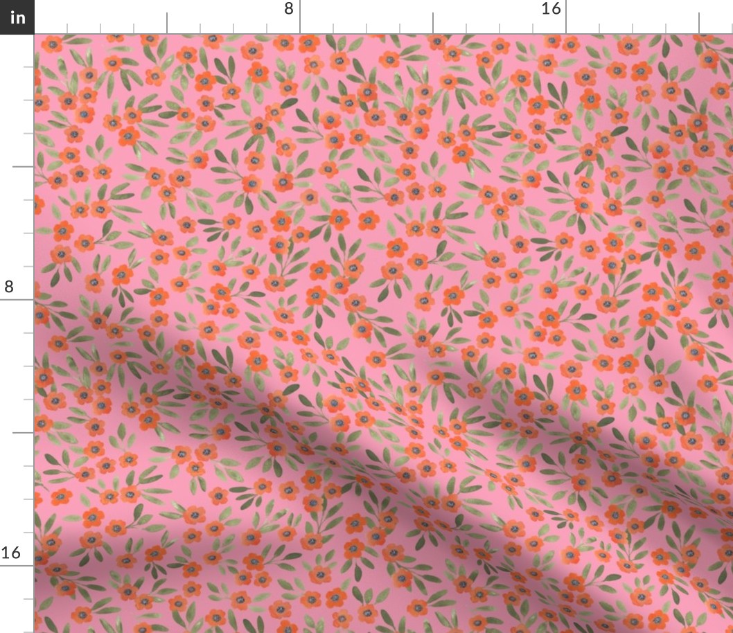 Boho floral - vermilion on pink - small