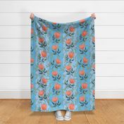 $ Retro curtain Orange Floral stylized rose on vertical turquoise jumbo stripes - for large scale home decor items such as curtains, table cloths, table runners, bed linen, retro floral duvets and vintage floral sheet sets.Floral stripe with apricot coral