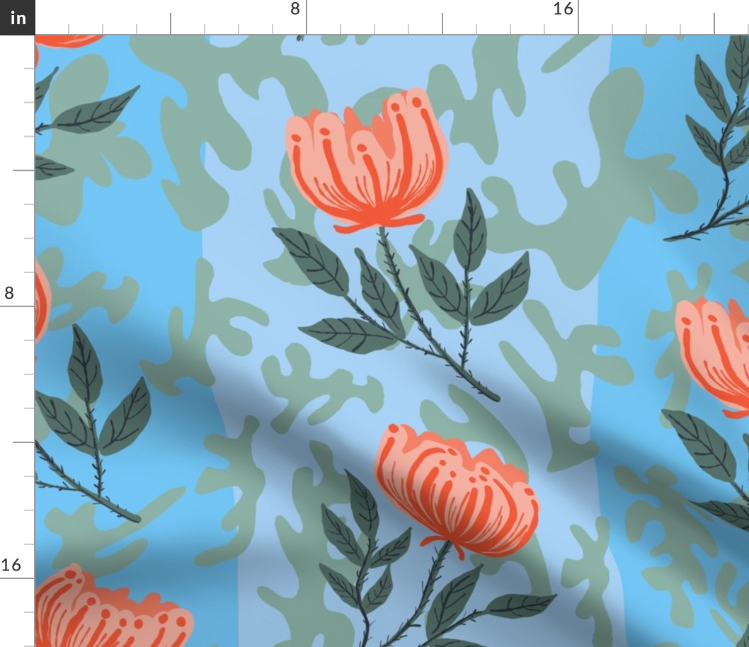 $ Retro curtain Orange Floral stylized rose on vertical turquoise jumbo stripes - for large scale home decor items such as curtains, table cloths, table runners, bed linen, retro floral duvets and vintage floral sheet sets.Floral stripe with apricot coral