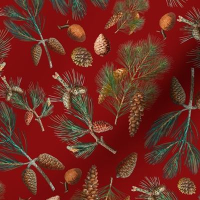 12"  Vintage Holly Green Christmas Florals, Fir Cones dark red