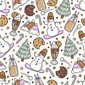 Pink Snowboarding Snowmen - Cream