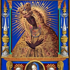 31 Lady of Kazan Black Madonna dark brown skin Virgin Mary Christianity Catholic religious mother motherhood halo stars triple crown blue yellow gold veil birds gems jewels pearls floral flowers gown red maroon beautiful lady woman Victorian 17th century 