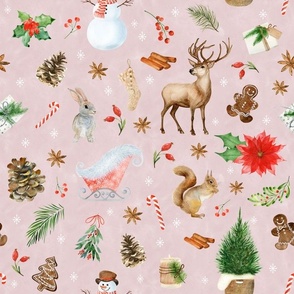 (medium) Woodland friends christmas on pink, handdrawn watercolor woodland winter with snowman, reindeer, bunny and all kinds of holiday ornaments (medium scale) 