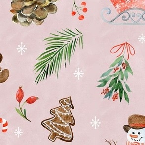 (large) Woodland friends christmas on pink, handdrawn watercolor woodland winter with snowman, reindeer, bunny and all kinds of holiday ornaments (large scale) 