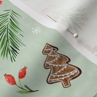 (medium) Woodland friends christmas on light green, handdrawn watercolor woodland winter with snowman, reindeer, bunny and all kinds of holiday ornaments (medium scale) 