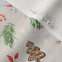 (small) Woodland friends christmas on beige, handdrawn watercolor woodland winter with snowman, reindeer, bunny and all kinds of holiday ornaments (small scale) 