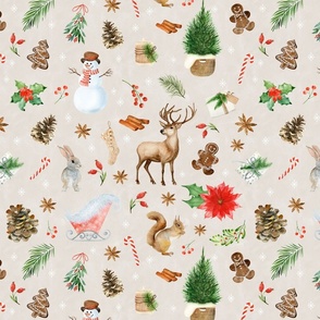(medium) Woodland friends christmas on beige, handdrawn watercolor woodland winter with snowman, reindeer, bunny and all kinds of holiday ornaments (medium scale) 