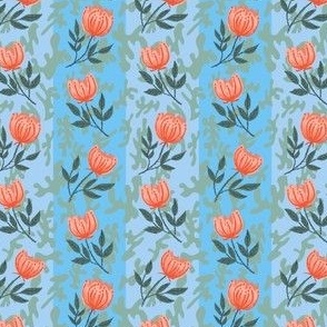 Retro curtain Orange Floral stylized rose on vertical turquoise jumbo stripes - for large scale home decor items such as curtains, table cloths, table runners, bed linen, retro floral duvets and vintage floral sheet sets.