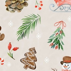 (large) Woodland friends christmas on beige, handdrawn watercolor woodland winter with snowman, reindeer, bunny and all kinds of holiday ornaments (large scale) 