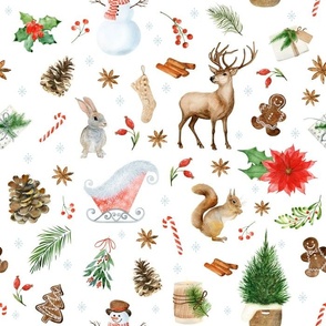 (medium) Woodland friends christmas on white, handdrawn watercolor woodland winter with snowman, reindeer, bunny and all kinds of holiday ornaments (medium scale) 