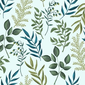 Botanical leaves with fern - ligth blue background