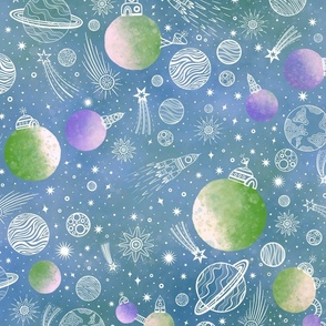 Space exploration - doodle rockets blue green