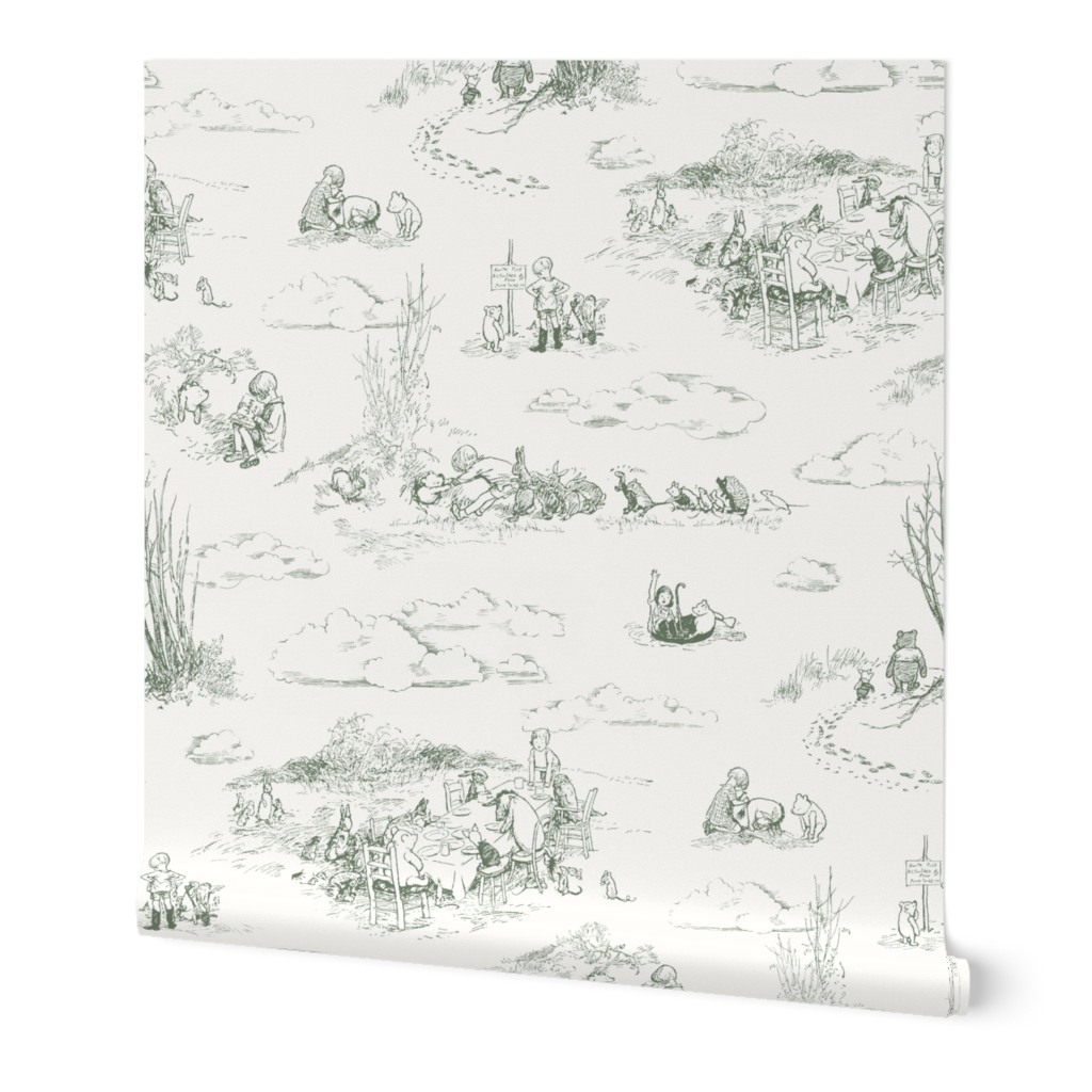 Winnie-the-Pooh Toile, Vintage Hundred Acre Wood in gray green dark on eggshell