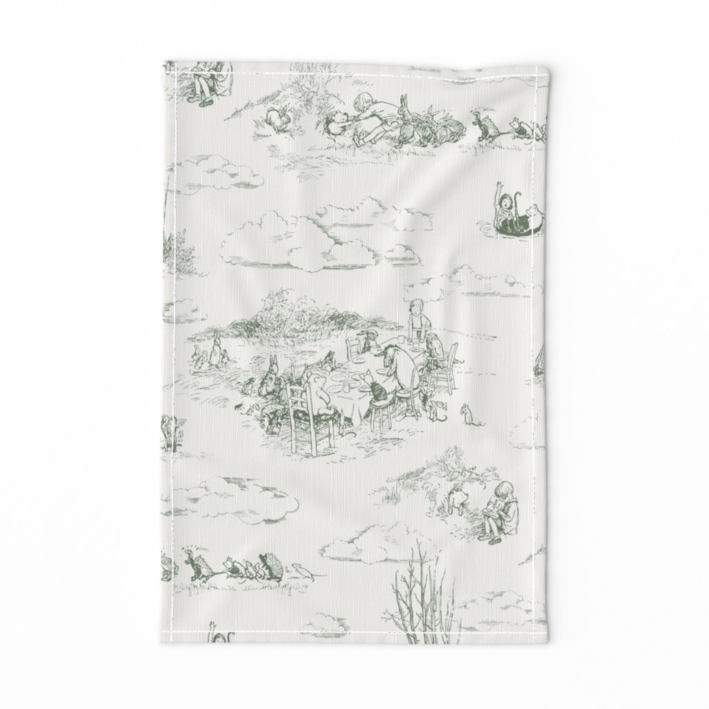 Winnie-the-Pooh Toile, Vintage Hundred Acre Wood in gray green dark on eggshell