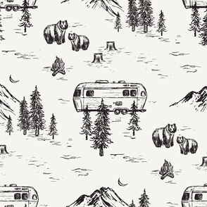 Airstream Camping in the Mountains for Home Decor & Wallpaper in Black and White