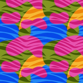 Colorful abstract shapes and 80s tiger stripes