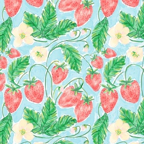Watercolor strawberries garden pink, green, light aqua blue mini scale