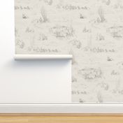 Winnie-the-Pooh Toile Light Grey,  Classic storybook wallpaper