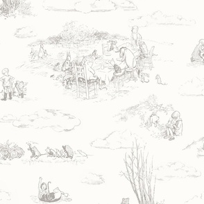Winnie-the-Pooh Toile Light Grey, neutral nursery, vintage storybook wallpaper, All Children, gender neutral nursery wallpaper