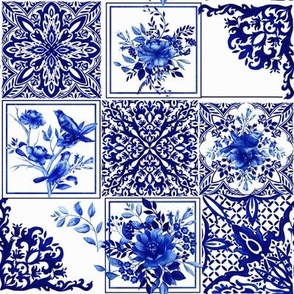 Blue tiles,porcelain,blue china,birds,flowers,