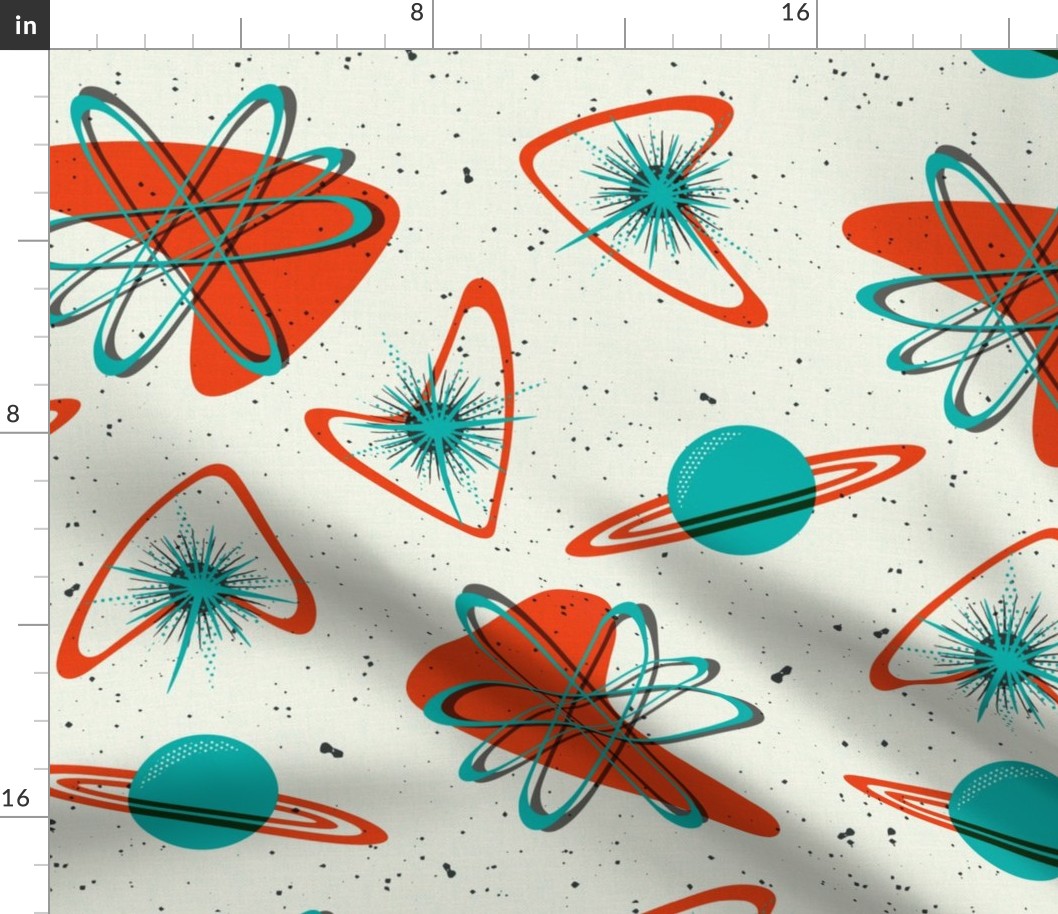 Atomic Space - Mid Century Modern Outer Space Ivory Red Aqua Large Scale