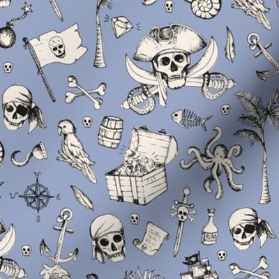 Pirates & Treasure chest island adventures ivory on cool blue