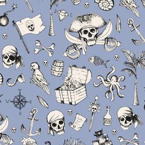 Pirates & Treasure chest island adventures ivory on cool blue