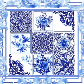 Blue tiles,porcelain,blue china,birds,flowers,