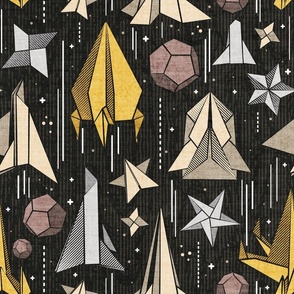 Normal scale // Reaching for the stars // black background ivory grey brown and yellow origami paper asteroids stars and space ships traveling light speed