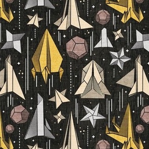 Small scale // Reaching for the stars // black background ivory grey brown and yellow origami paper asteroids stars and space ships traveling light speed