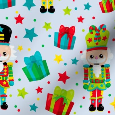 Large Scale Colorful Nutcrackers Holiday Soldiers Christmas Presents on Light Blue