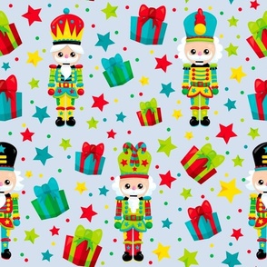 Large Scale Colorful Nutcrackers Holiday Soldiers Christmas Presents on Light Blue
