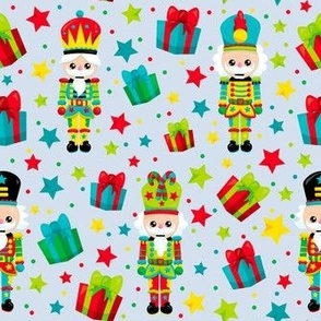 Medium Scale Colorful Nutcrackers Holiday Soldiers Christmas Presents on Light  Blue