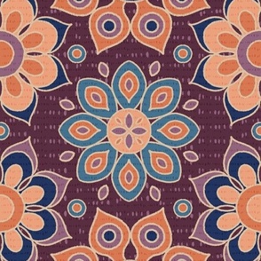 1970s Retro Geometric Flowers -  Purple, Blue, Orange, Aqua
