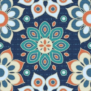 1970s Retro Geometric Flowers -  Blue, Aqua, Orange, Yellow