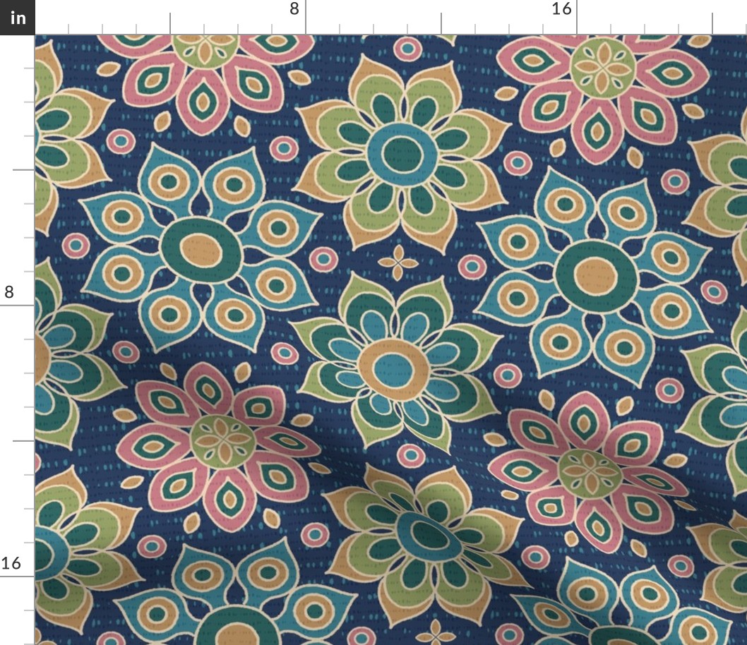 1970s Retro Geometric Flowers -  Blue, Pink, Green