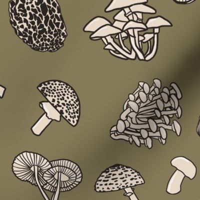 Mushrooms on sage green - large format