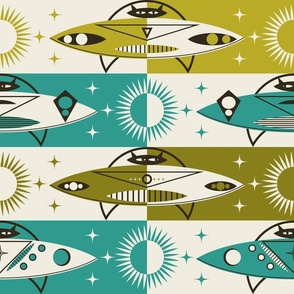 Retro Space Cruisin' / Mid Mod / Atomic / Cat Space Ship / Teal Olive / Large